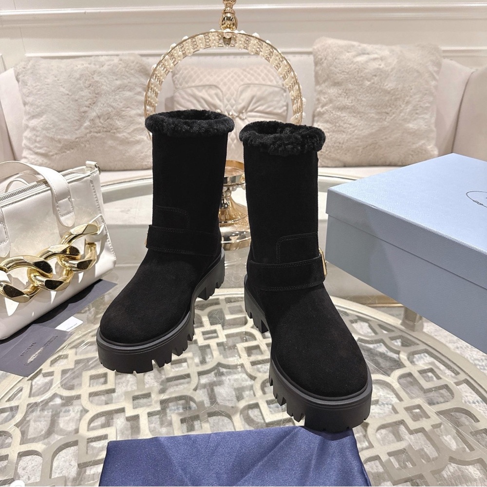 Prada Black Winter Boots with Gold Buckle - Picture 3 of 8
